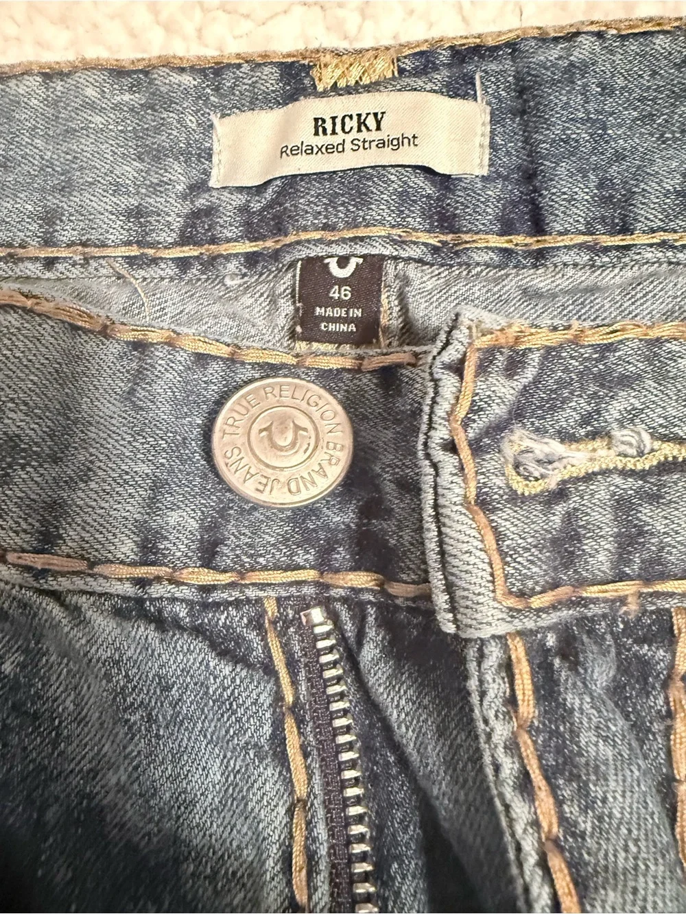 True Religion Distressed Light Blue Relaxed Straight Jeans